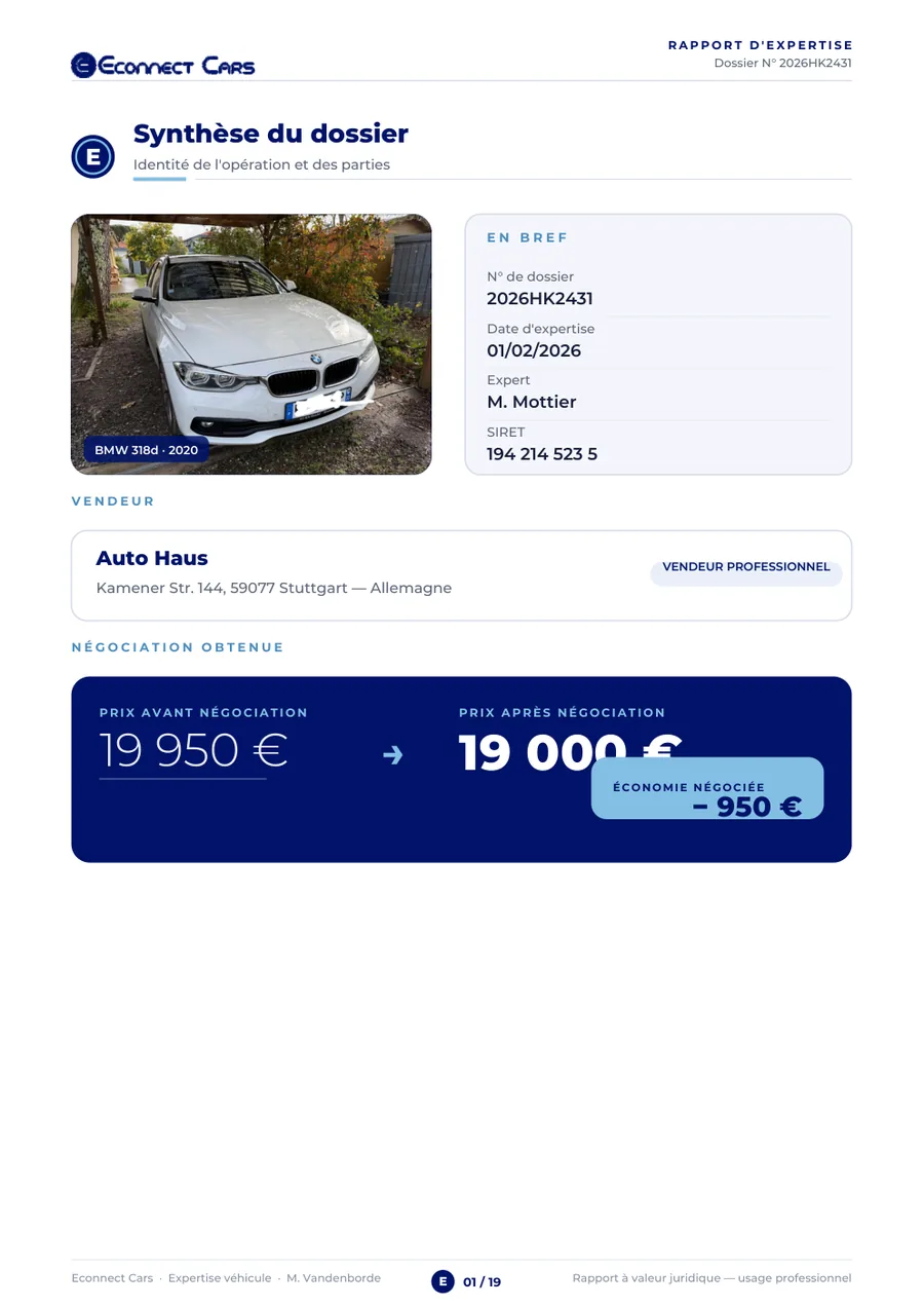 Page de négociation d'un rapport d'expertise : 19 950 € affichés, 19 000 € négociés