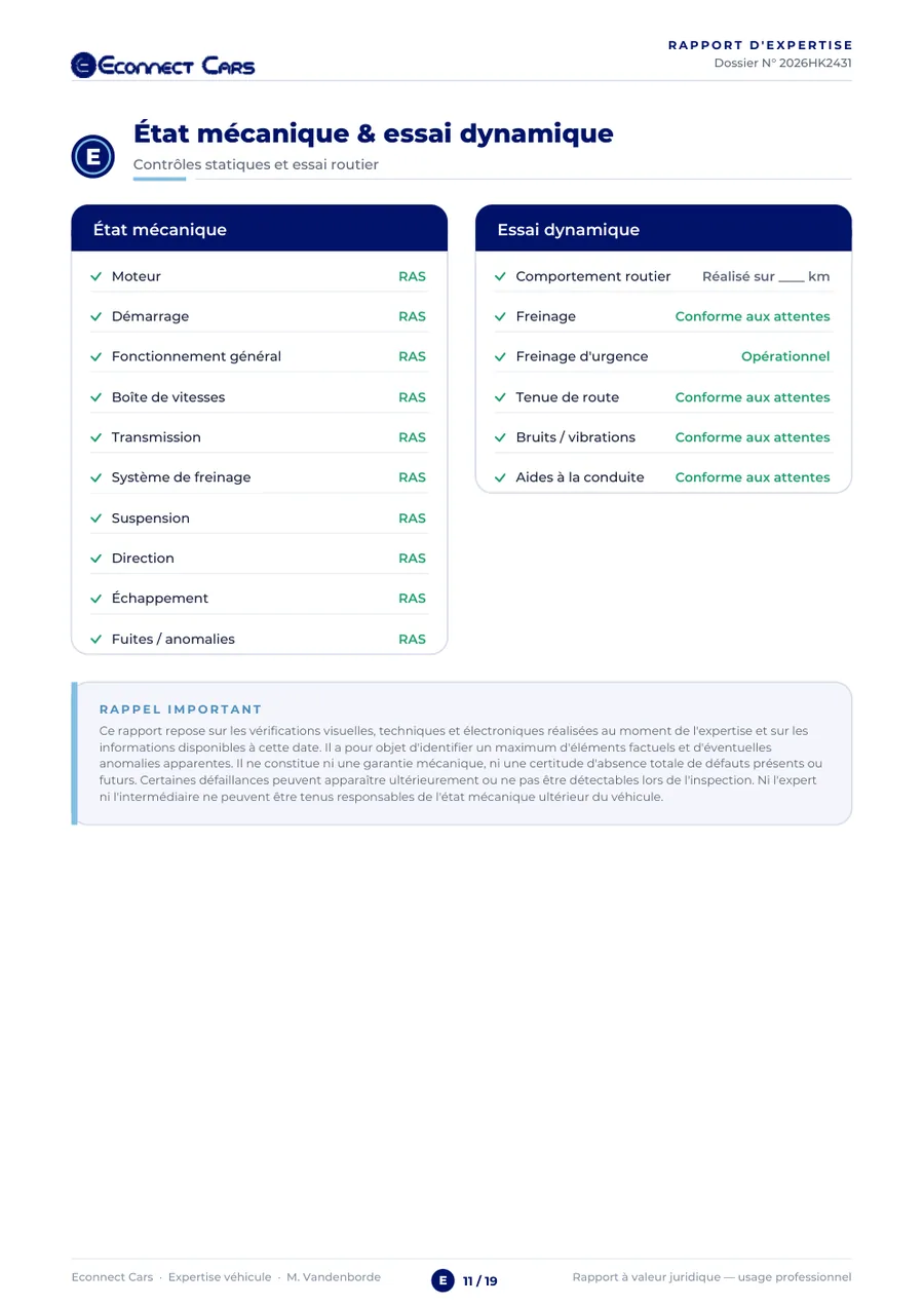 Rapport d'expertise Econnect Cars : État mécanique & essai dynamique