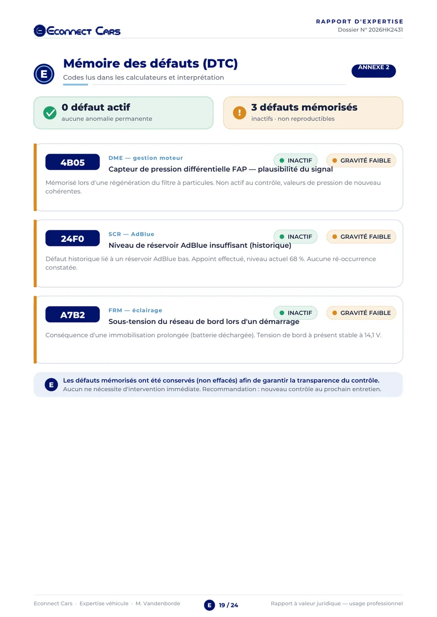 Rapport d'expertise Econnect Cars : Mémoire des défauts (DTC)